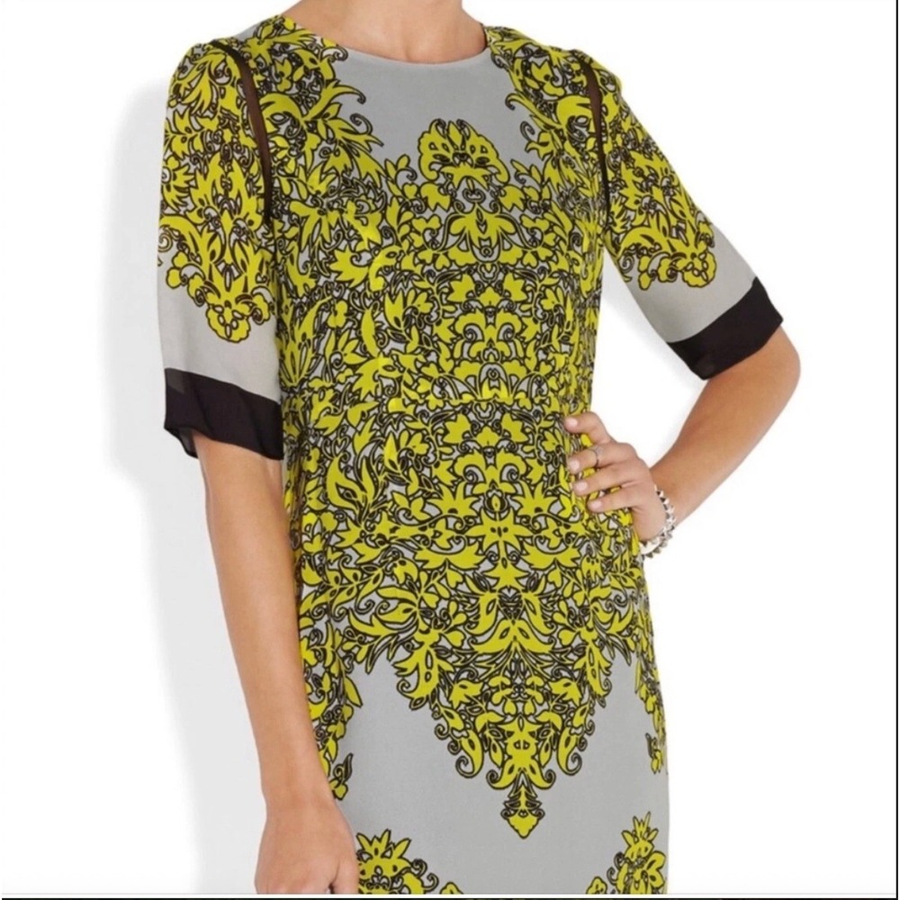 Milly‎ 100% Silk Shift Dress Size 4 Chartreuse Grey Black Damask Print Mesh